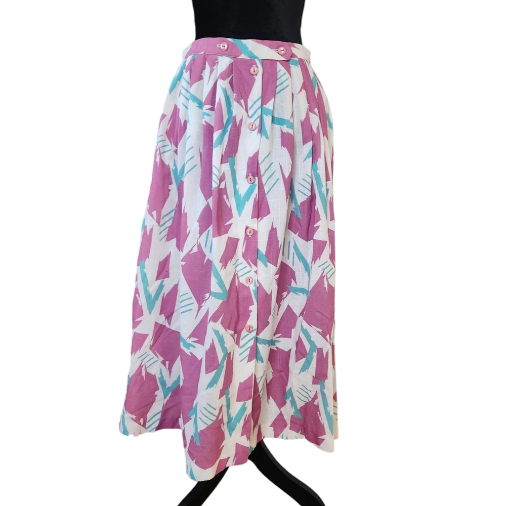 Vintage 80s Neon Abstract Print Button Up Skirt Whimsical Colorful Medium Artsy